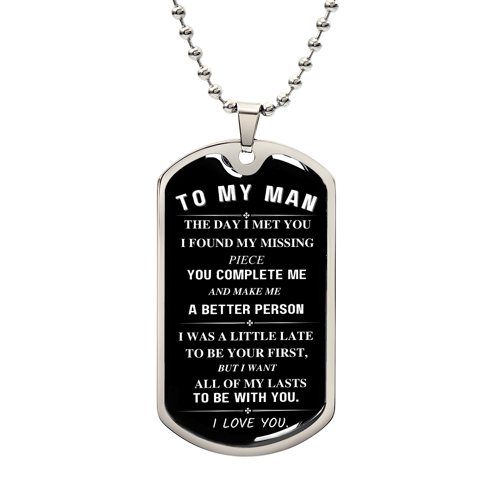 To My Man, You Complete Me, Luxury Graphic Dog Tag Necklace - Black